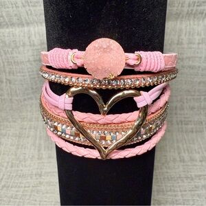 New Pink Faux Leather Wrap Bracelet w/Crystal Accents & Gold Heart